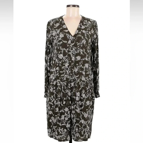 Garnet Hill Dropwaist Button-Up Dress Olive Green Floral Size 6 Small - Picture 2 of 11